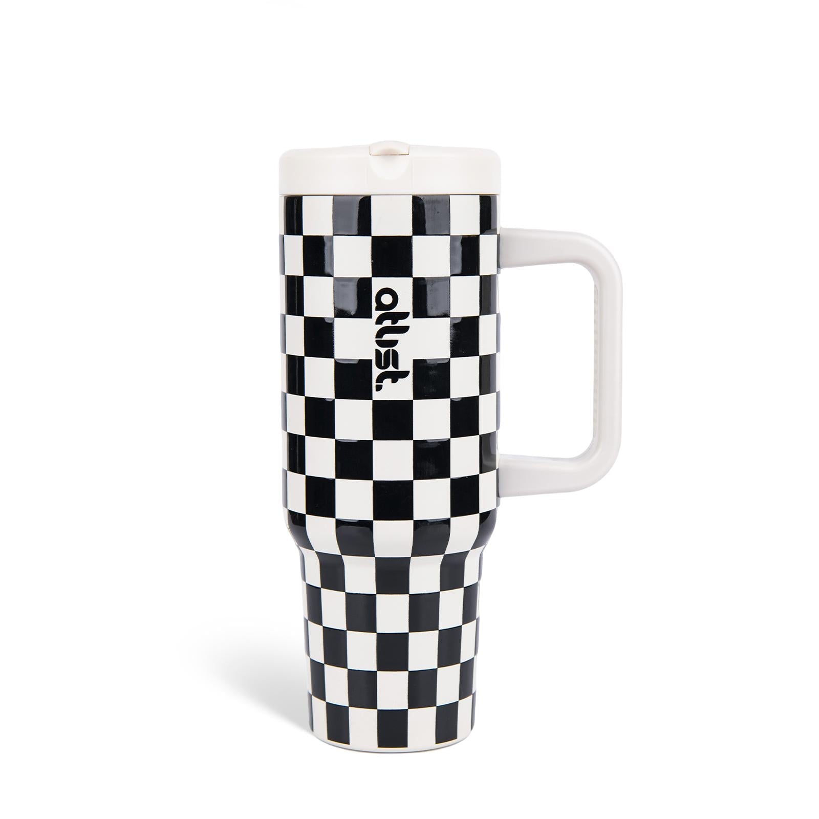 Black and cream checkered 40 oz Atlist tumbler with handle