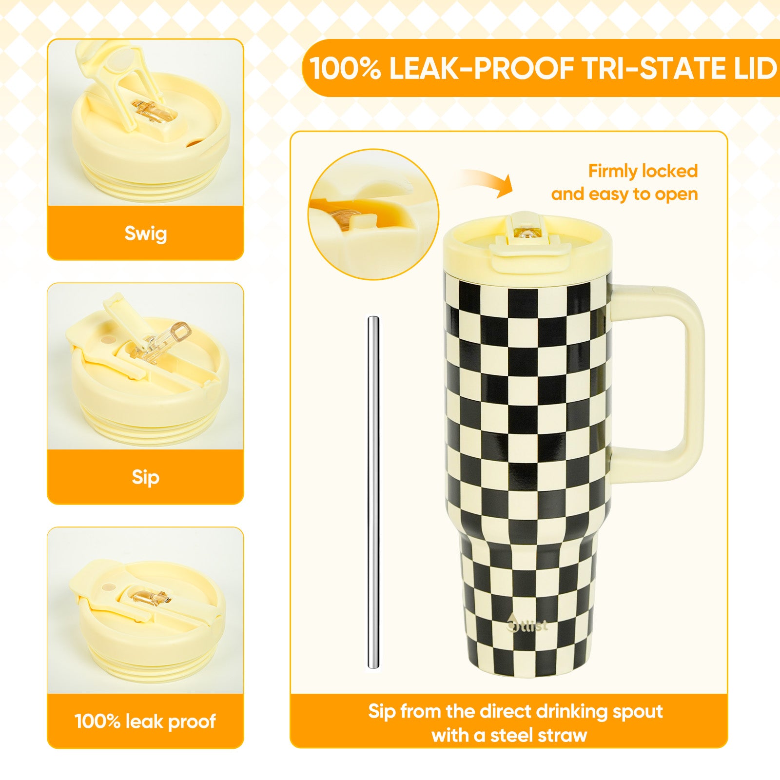 40oz Checkered Pattern Tumbler With Straw