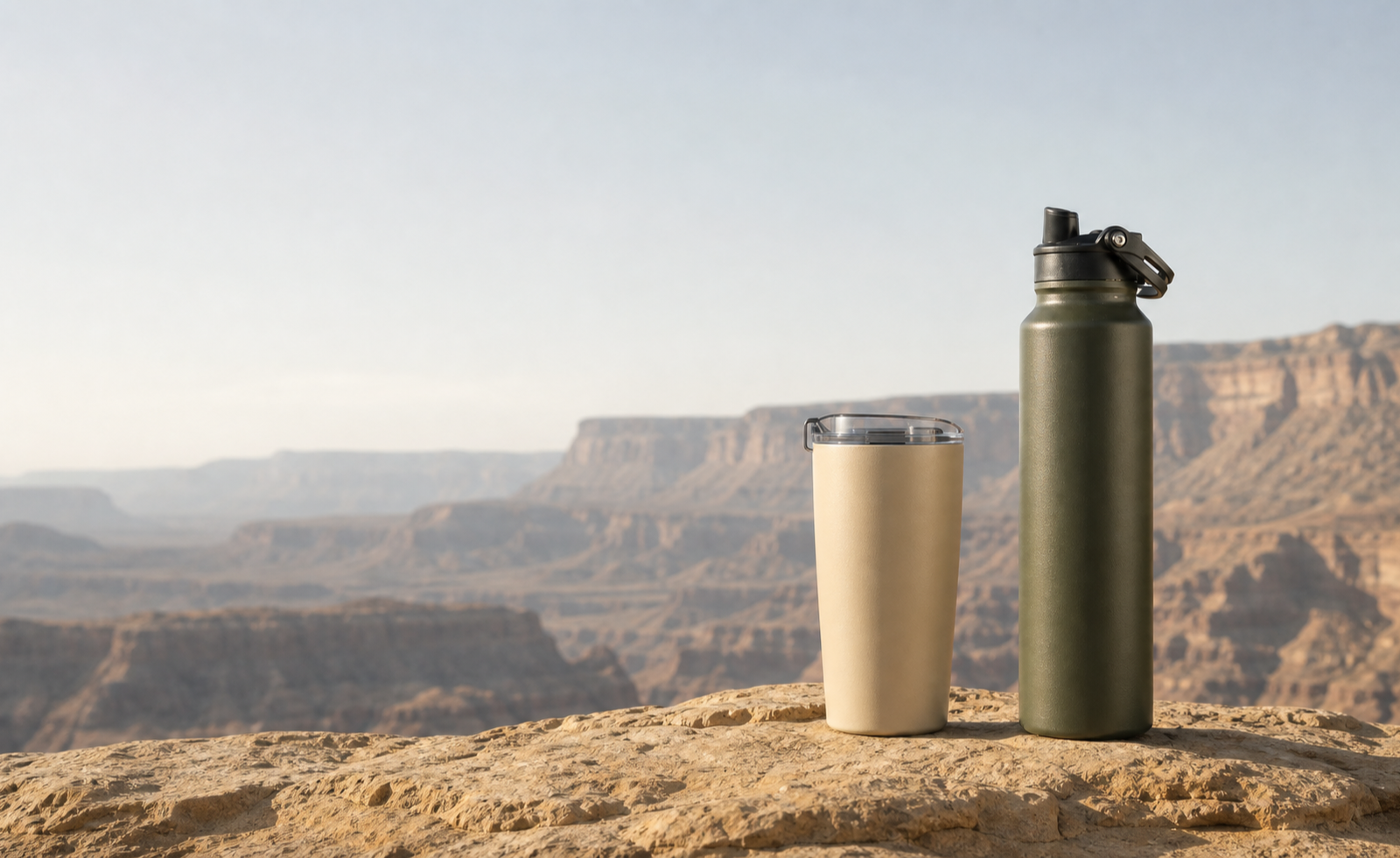 Atlist bottle and tumbler overlooking a canyon