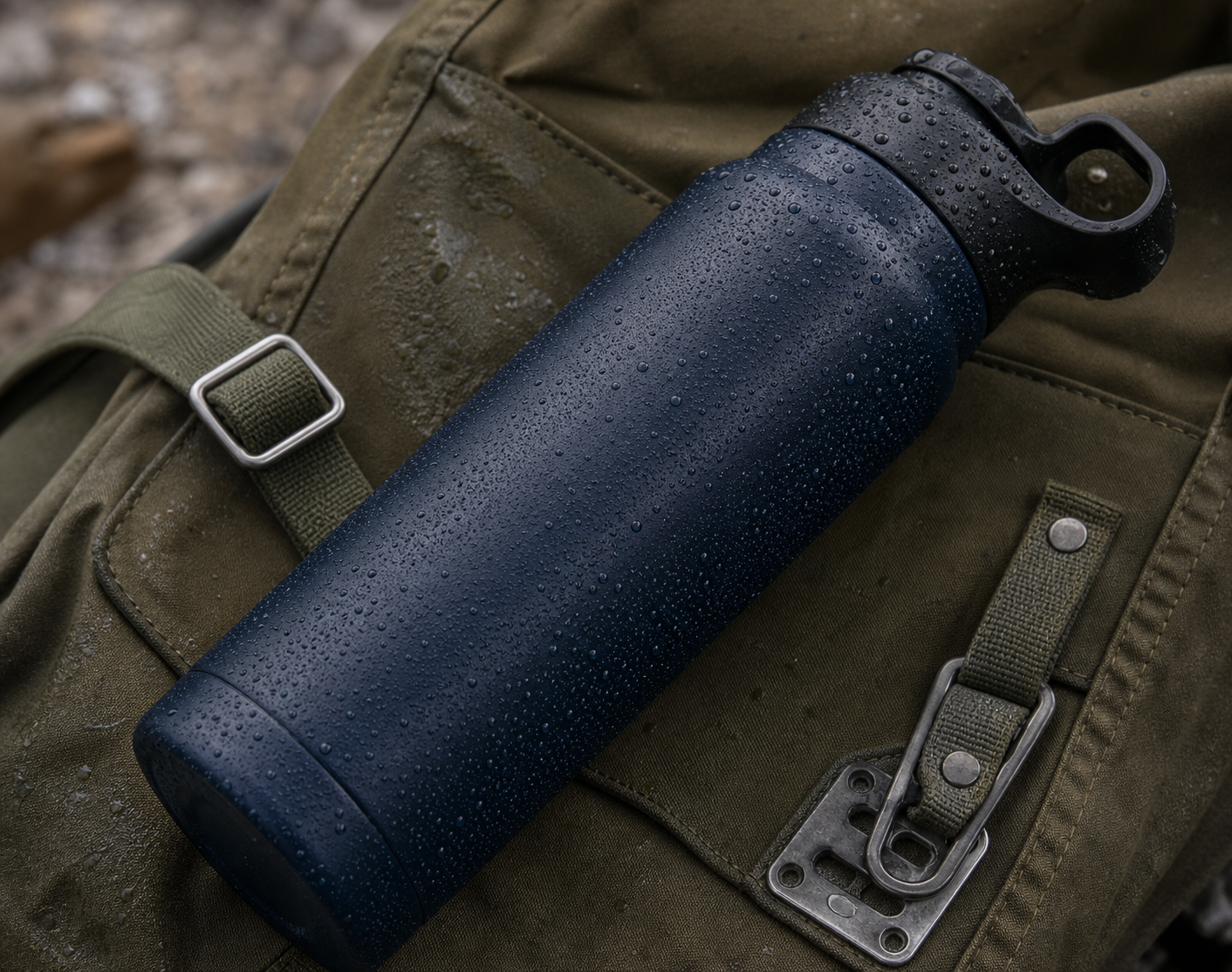 Atlist bottle with water droplets on a canvas cycling bag